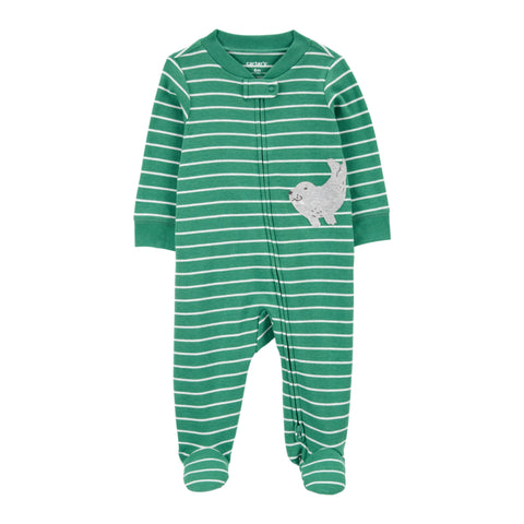 Pijama Carters con pies, zipper de dos vias con estampado rayado y diseño de morsa verde para niño