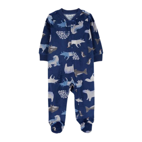 Pijama Carters con pies, zipper de dos vias con estampado de animales del ártico azul para niño