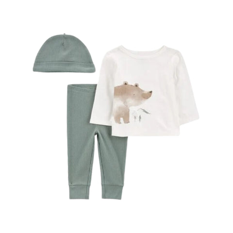 Conjunto 3 piezas Carters; camisa manga larga, pantalon y gorro con diseño de Oso para niño