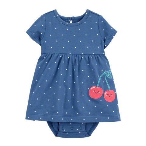 Vestido body Carters manga corta diseño de cereza color azul de Jersy para niña