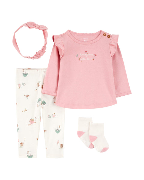 Conjunto Carters 4 piezas: blusa manga larga, pantalón, accesorio para el cabello y calcetas con estampado multicolor para niña