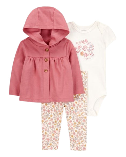 Conjunto Carters 3 piezas: cardigan con capucha y botones, body manga corta y pantalón diseño de flores multicolor para niña
