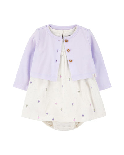 Conjunto Carters 2 piezas: cardigan y vestido con body manga corta con estampado multicolor para niña