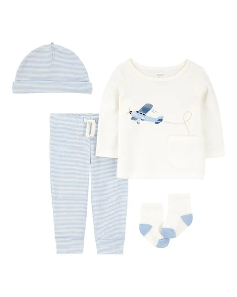 Conjunto Carters 4 piezas: camisa manga larga, pantalón, gorrito y calcetines diseño de avión para niño