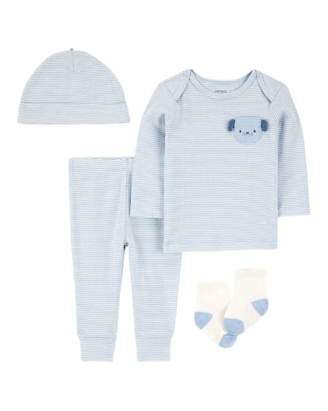 Conjunto Carters 4 piezas: camisa manga larga, pantalón, gorrito y calcetines con diseño de perrito color celeste para niño