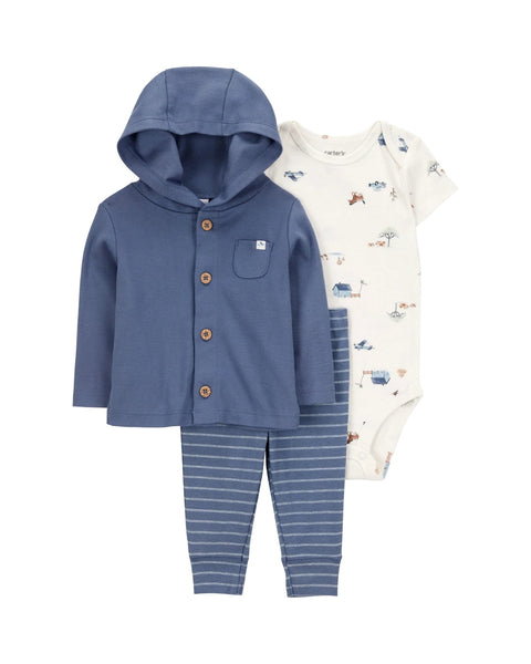 Conjunto Carters 3 piezas: camisa manga corta, pantalón y cardigan con capucha y botones multicolor para niño