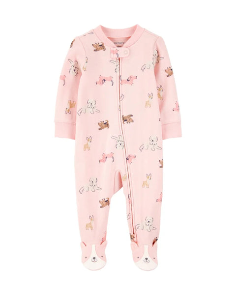 Pijama Carters con pies y zipper doble via estampado de perritos color rosado para niña