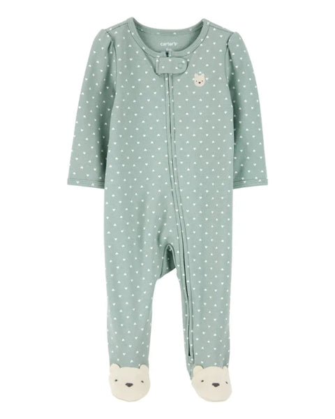 Pijama Carter con pies y zipper doble, diseño de corazones y osos en los pies color verde para niña