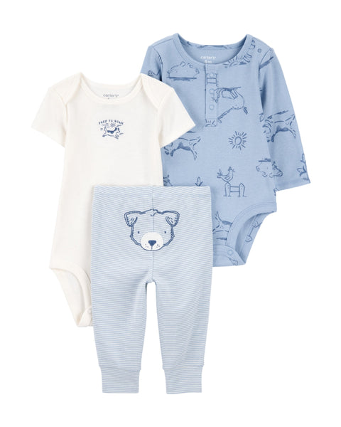 Conjunto Carters 3 piezas: 2 bodys una manga corta y una larga y pantalón multicolor para niño