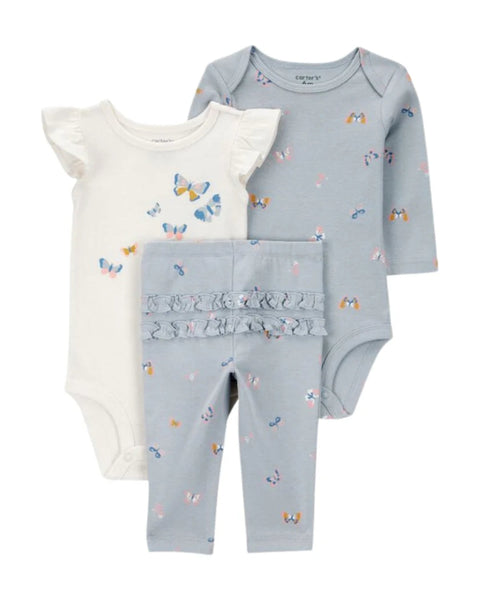 Conjunto Carters 3 piezas: 2 bodys una manga corta y una larga y pantalón multicolor para niña