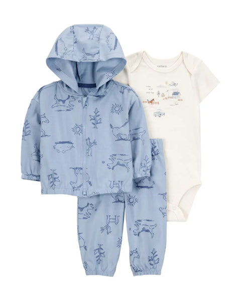 Conjunto Carters 3 piezas: camisa manga corta, pantalón y cardigan con capucha y botones multicolor para niño