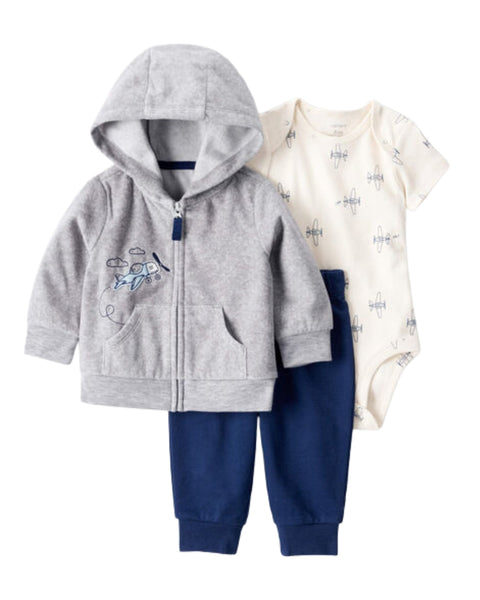 Conjunto Carters 3 piezas: hoodie con zipper, body manga corta y jogger multicolor para niño