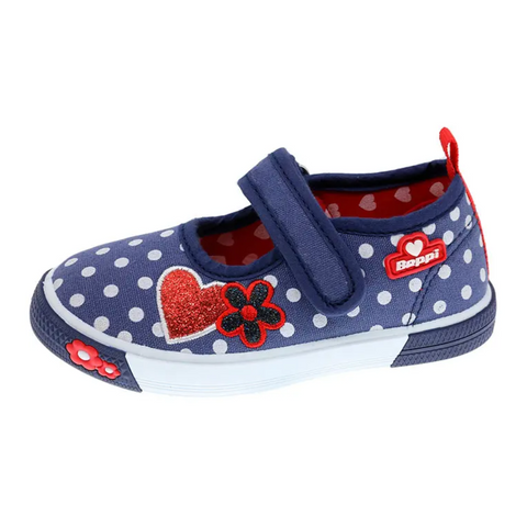 Zapato Beppi de lona, cinta con velcro y diseño de puntos con un corazón para niña