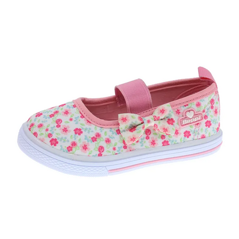 Zapato Beppi de lona, cinta elastic y diseño de flores con un moño en lateral para niña