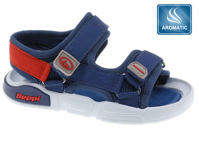 Sandalía Beppi en tela, dos velcros para poner y ajustar fácilmente suela antideslizante de gomaa para niño color azul