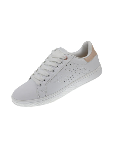 Caja de zapatos tipo tenis casual Beppi, blancos con talón rosado para dama.