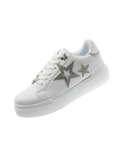 Caja de zapatos tipo tenis casual Beppi, blancos con estrellas plateadas para dama.