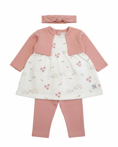 Conjunto Baby Bol 3 piezas: blusa tipo tunica y aplicación de sueter, leggings y accesorio para el cabello color rosado para niña