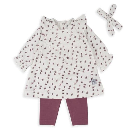 Conjunto Baby Bol 3 piezas: blusa tipo tunica estampado floreado, leggings y accesorio para el cabello multicolor para niña