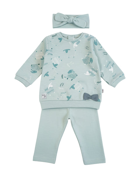 Conjunto Baby Bol 3 piezas: sueter estampado de ovejas, jogger y accesorio para el cabello color verde para niña