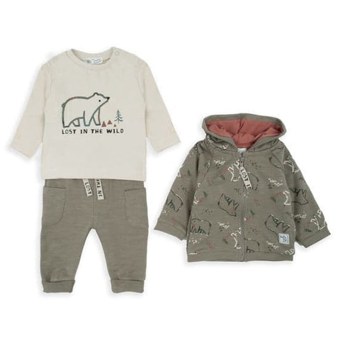 Conjunto Baby Bol 3 piezas: Hoodie, camisa manga larga y jogger color kaki para niño