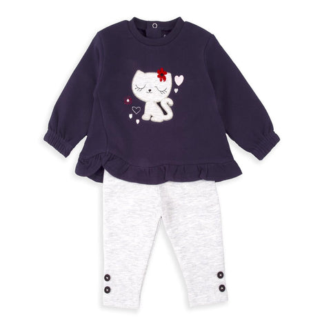 Conjunto Baby Bol 2 piezas: sueter diseño de gatita y legging con botones en los tobillos para niña