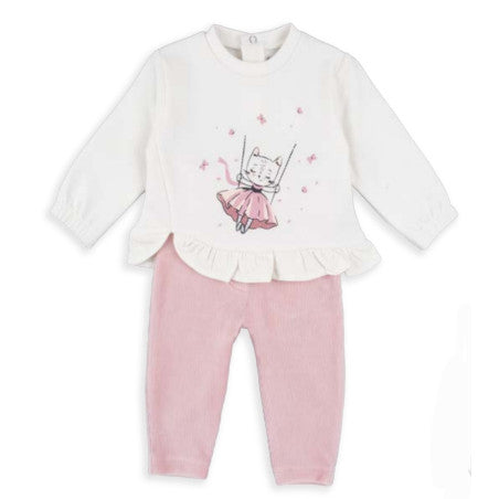 Conjunto Baby Bol 2 piezas: sueter con diseño de gatita en columpio y Pantalón para niña