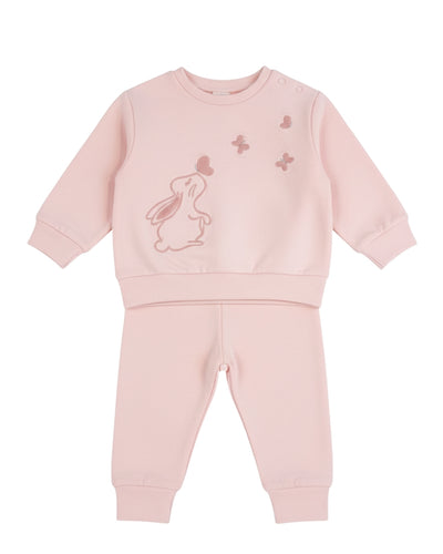 Conjunto Baby Bol 2 piezas: sueter con bolsa diseño de conejo y Jogger color rosado para niña