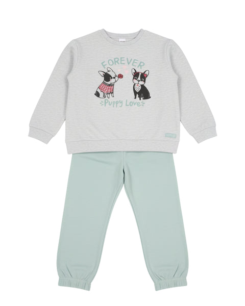 Conjunto Baby Bol 2 piezas: suéter con diseño de perros y Pantalón color gris para niña