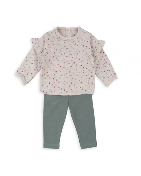 Conjunto Baby Bol 2 piezas: sueter con estampado de flores y Pantalón verde para niña