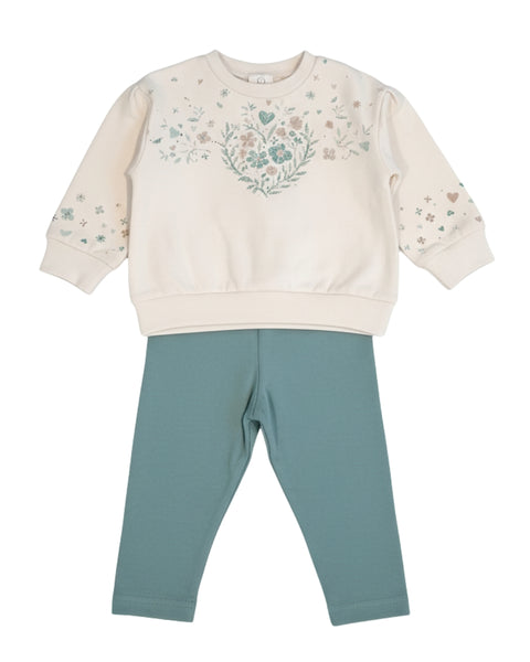 Conjunto Baby Bol 2 piezas: sueter con estampado de flores y Pantalón verde para niña
