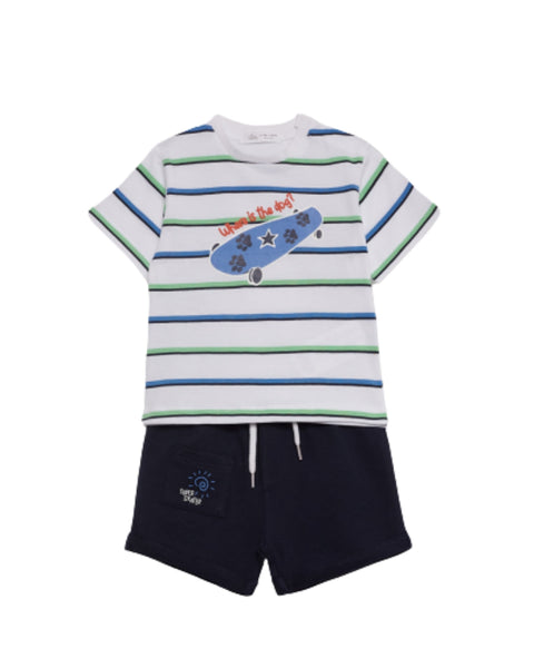 Conjunto Street Monkey 2 piezas: T-shirt manga corta y pantaloneta con bolsa al frente diseño de perro multicolor para niño