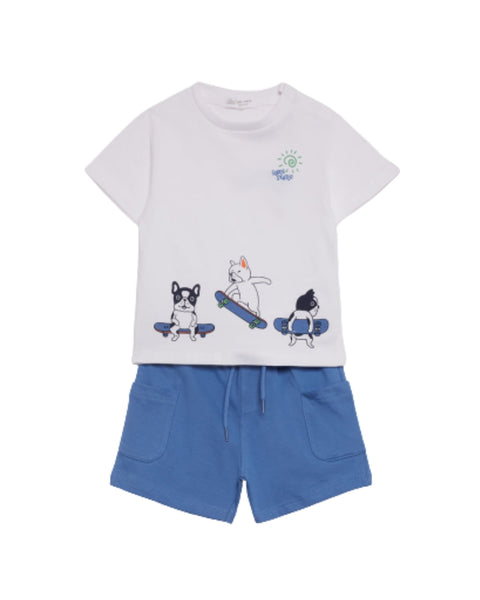 Conjunto Street Monkey 2 piezas: T-shirt manga corta y pantaloneta con bolsas al frente diseño de perro multicolor para niño