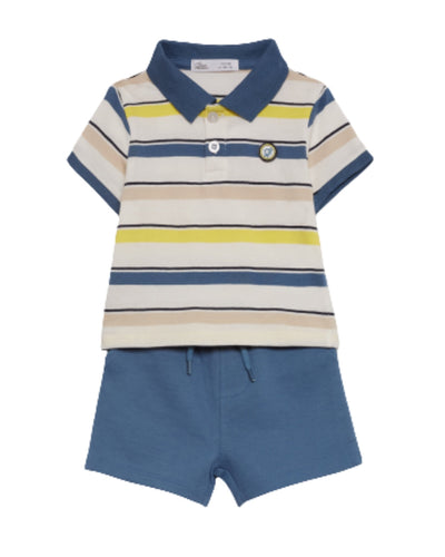 Conjunto Street Monkey 2 piezas: camisa tipo polo manga corta y pantaloneta con bolsas laterales diseño de safari multicolor para niño