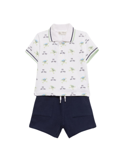 Conjunto Street Monkey 2 piezas: camisa tipo polo manga corta y pantaloneta con bolsas multicolor para niño