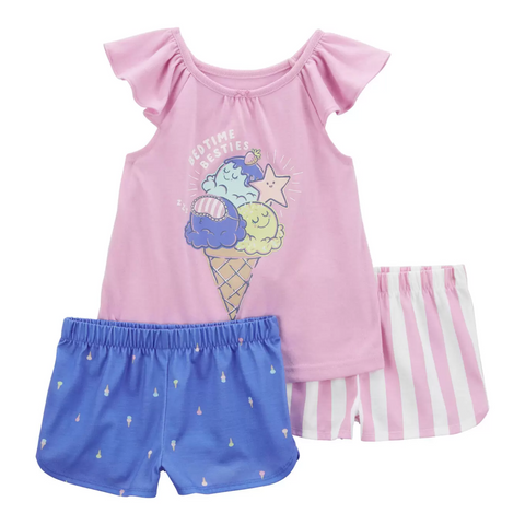 Conjunto 3 piezas Carters Slepwear t-shit sin manga y 2 short para niña