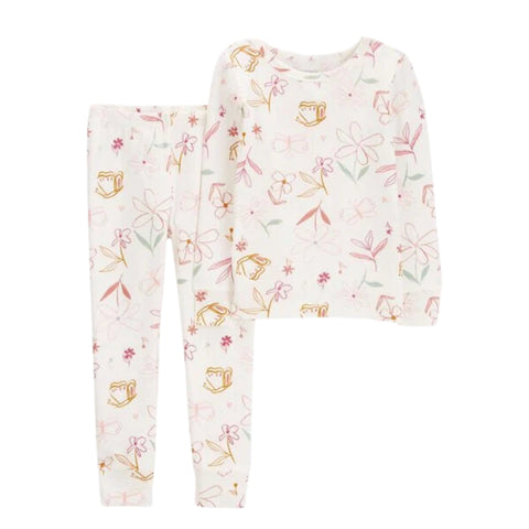 Conjunto Pijama Carters 2 piezas Playera manga larga y pantalón estampado de flores blanco para niña