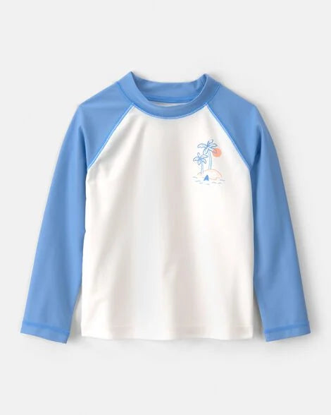 T-shirt acuatica Carter's blanca con azul, manga larga con diseño para niño
