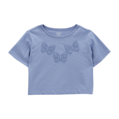 Blusa Carters Playwear manga corta con aplicacion Boxy-Fit de mariposas azul niña