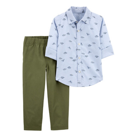 Conjunto Carters Playwear 2 piezas camisa celeste con diseño y botones en la parte delantera y pantalón con bolsas y cinturon elastico verde niño