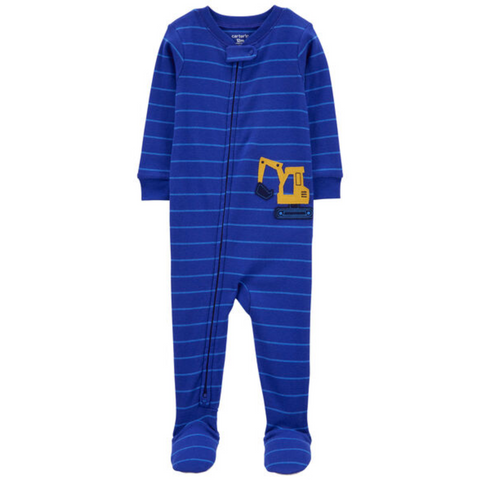 Pijama Carter's con pies y zipper de dos vias diseño de construcción azul de rayas para niño