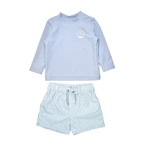 Traje de baño Carters 2 piezas: camisa manga larga y pantaloneta color celeste de licra para niño