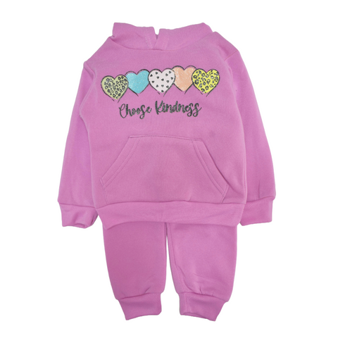 Conjunto 2 piezas: Sudadera fleece con capucha diseño de corazones y jogger rosado para niña.