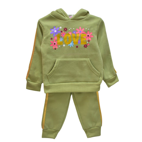 Conjunto 2 piezas: Sudadera con capucha diseño Love Flecee y pantalon verde para niña.