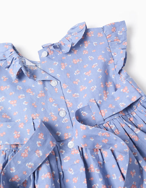 Vestido celeste Zippy floral cuello y mangas con vuelitos