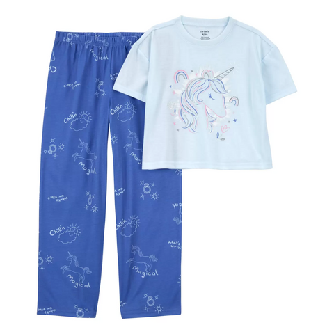 Connjunto pijama Carters pantalon y blusa manga corta estampado unicornio celeste niña