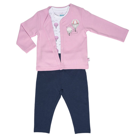 Conjunto de 3 piezas Kinder: Pantalón, Body manga corta y chaqueta diseño de globos rosado, niña