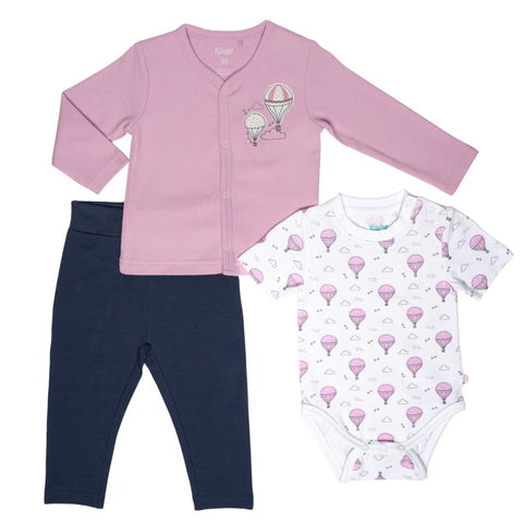 Conjunto de 3 piezas Kinder: Pantalón, Body manga corta y chaqueta diseño de globos rosado, niña