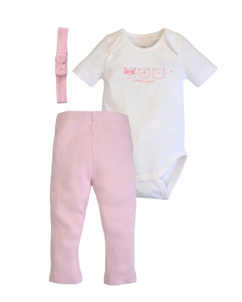 Conjunto Kinder 3 piezas: body manga corta con diseño de animales, pantalón y accesorio para el cabello de algodón color rosado para niña