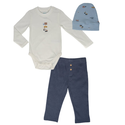 Conjunto de 3 piezas Kinder: Pantalón de Rib, Body manga larga y gorro diseño de carros, niño